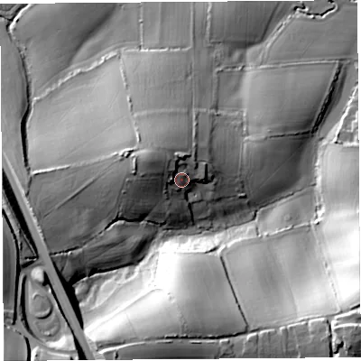 Shaded relief map of the ground around DT65JR, computed from Environment Agency LiDAR. The ground here sits at about 29 m above sea level and falls 57 m across the surrounding 800 m. Surface water reaching this point runs off ground lying to the north-west, 9.0 m higher.