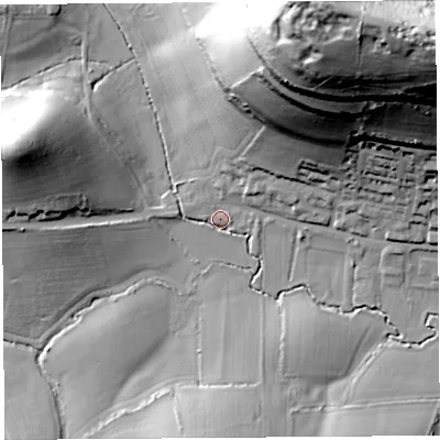 Shaded relief map of the ground around DT65JT, computed from Environment Agency LiDAR. The ground here sits at about 10 m above sea level and falls 82 m across the surrounding 800 m. Surface water reaching this point runs off ground lying to the north-north-east, 80.4 m higher.