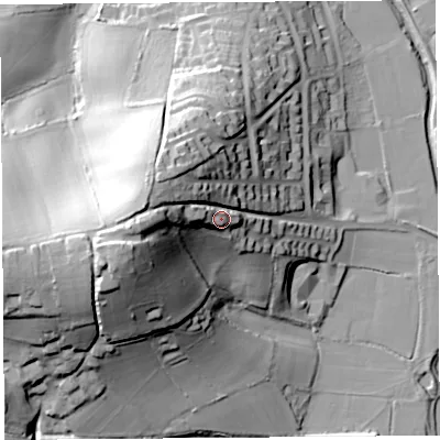 Shaded relief map of the ground around DT65LA, computed from Environment Agency LiDAR. The ground here sits at about 35 m above sea level and falls 51 m across the surrounding 800 m. Surface water reaching this point runs off ground lying to the west, 20.9 m higher.