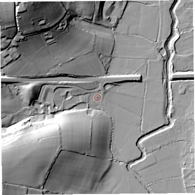 Shaded relief map of the ground around DT65LB, computed from Environment Agency LiDAR. The ground here sits at about 5 m above sea level and falls 50 m across the surrounding 800 m. Surface water reaching this point runs off ground lying to the west, 14.3 m higher.