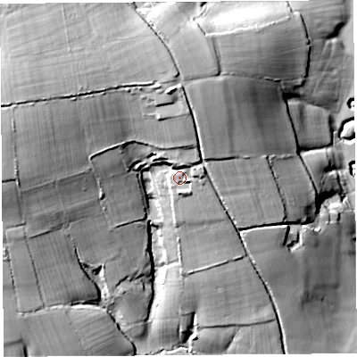 Shaded relief map of the ground around DT65LF, computed from Environment Agency LiDAR. The ground here sits at about 51 m above sea level and falls 47 m across the surrounding 800 m. Surface water reaching this point runs off ground lying to the north-east, 4.3 m higher.