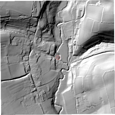 Shaded relief map of the ground around DT65LU, computed from Environment Agency LiDAR. The ground here sits at about 36 m above sea level and falls 60 m across the surrounding 800 m. Surface water reaching this point runs off ground lying to the north-east, 57.6 m higher.