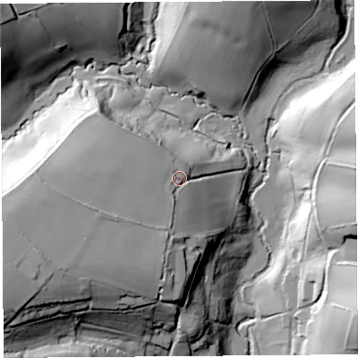 Shaded relief map of the ground around DT65NE, computed from Environment Agency LiDAR. The ground here sits at about 65 m above sea level and falls 53 m across the surrounding 800 m. Surface water reaching this point runs off ground lying to the west-south-west, 22.6 m higher.