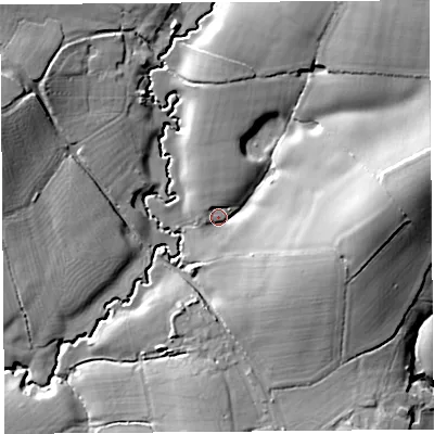 Shaded relief map of the ground around DT65NR, computed from Environment Agency LiDAR. The ground here sits at about 51 m above sea level and falls 25 m across the surrounding 800 m. Surface water reaching this point runs off ground lying to the east, 18.0 m higher.