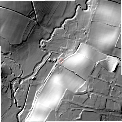 Shaded relief map of the ground around DT65PN, computed from Environment Agency LiDAR. The ground here sits at about 19 m above sea level and falls 37 m across the surrounding 800 m. Surface water reaching this point runs off ground lying to the east-south-east, 21.2 m higher.