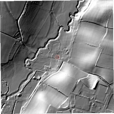 Shaded relief map of the ground around DT65PW, computed from Environment Agency LiDAR. The ground here sits at about 17 m above sea level and falls 41 m across the surrounding 800 m. Surface water reaching this point runs off ground lying to the south-east, 31.3 m higher.