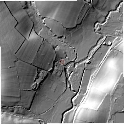 Shaded relief map of the ground around DT65SB, computed from Environment Agency LiDAR. The ground here sits at about 17 m above sea level and falls 35 m across the surrounding 800 m. Surface water reaching this point runs off ground lying to the west-north-west, 25.1 m higher.