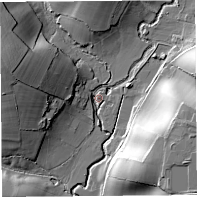 Shaded relief map of the ground around DT65SD, computed from Environment Agency LiDAR. The ground here sits at about 15 m above sea level and falls 35 m across the surrounding 800 m. Surface water reaching this point runs off ground lying to the east-south-east, 33.9 m higher.