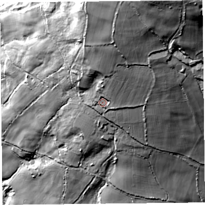 Shaded relief map of the ground around DT66DF, computed from Environment Agency LiDAR. The ground here sits at about 112 m above sea level and falls 119 m across the surrounding 800 m. Surface water reaching this point runs off ground lying to the north-north-east, 38.5 m higher.