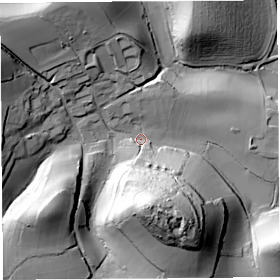 Shaded relief map of the ground around DT66EZ, computed from Environment Agency LiDAR. The ground here sits at about 20 m above sea level and falls 65 m across the surrounding 800 m. Surface water reaching this point runs off ground lying to the south, 56.0 m higher.