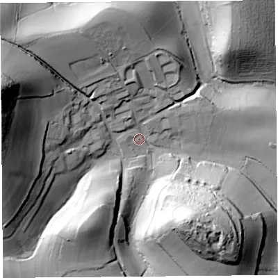 Shaded relief map of the ground around DT66HB, computed from Environment Agency LiDAR. The ground here sits at about 23 m above sea level and falls 81 m across the surrounding 800 m. Surface water reaching this point runs off ground lying to the north-north-west, 36.0 m higher.