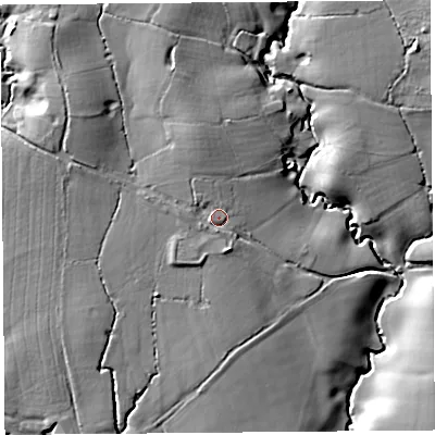 Shaded relief map of the ground around DT66HP, computed from Environment Agency LiDAR. The ground here sits at about 50 m above sea level and falls 21 m across the surrounding 800 m. Surface water reaching this point runs off ground lying to the north-north-west, 4.9 m higher.