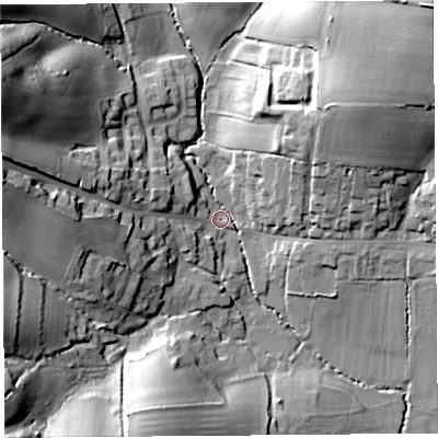 Shaded relief map of the ground around DT66JN, computed from Environment Agency LiDAR. The ground here sits at about 20 m above sea level and falls 50 m across the surrounding 800 m. Surface water reaching this point runs off ground lying to the north-east, 45.5 m higher.