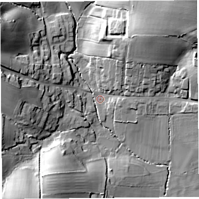 Shaded relief map of the ground around DT66JQ, computed from Environment Agency LiDAR. The ground here sits at about 20 m above sea level and falls 53 m across the surrounding 800 m. Surface water reaching this point runs off ground lying to the north-east, 38.9 m higher.