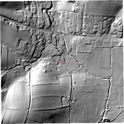 Shaded relief map of the ground around DT66JS, computed from Environment Agency LiDAR. The ground here sits at about 21 m above sea level and falls 51 m across the surrounding 800 m. Surface water reaching this point runs off ground lying to the south-west, 42.5 m higher.