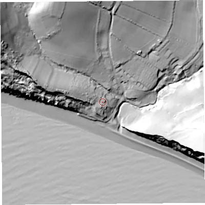 Shaded relief map of the ground around DT66JU, computed from Environment Agency LiDAR. The ground here sits at about 15 m above sea level and falls 65 m across the surrounding 800 m. Surface water reaching this point runs off ground lying to the west-north-west, 19.6 m higher.