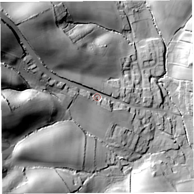 Shaded relief map of the ground around DT66JW, computed from Environment Agency LiDAR. The ground here sits at about 42 m above sea level and falls 87 m across the surrounding 800 m. Surface water reaching this point runs off ground lying to the north-west, 63.7 m higher.
