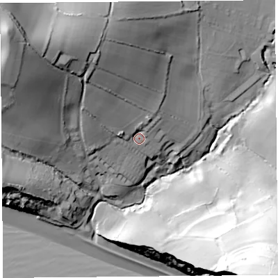 Shaded relief map of the ground around DT66JX, computed from Environment Agency LiDAR. The ground here sits at about 20 m above sea level and falls 94 m across the surrounding 800 m. Surface water reaching this point runs off ground lying to the north-west, 43.4 m higher.