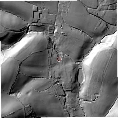 Shaded relief map of the ground around DT66LF, computed from Environment Agency LiDAR. The ground here sits at about 35 m above sea level and falls 74 m across the surrounding 800 m. Surface water reaching this point runs off ground lying to the west, 28.6 m higher.