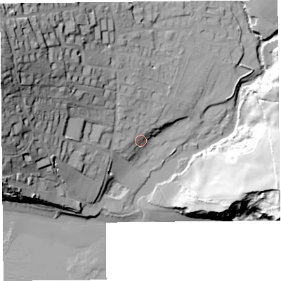 Shaded relief map of the ground around DT66LS, computed from Environment Agency LiDAR. The ground here sits at about 8 m above sea level and falls 54 m across the surrounding 800 m. Surface water reaching this point runs off ground lying to the north-north-west, 9.9 m higher.