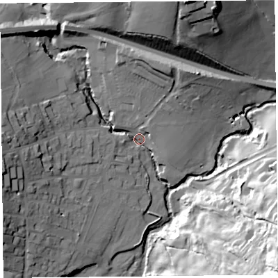 Shaded relief map of the ground around DT66LT, computed from Environment Agency LiDAR. The ground here sits at about 7 m above sea level and falls 55 m across the surrounding 800 m. Surface water reaching this point runs off ground lying to the north-north-west, 22.7 m higher.