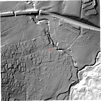 Shaded relief map of the ground around DT66QJ, computed from Environment Agency LiDAR. The ground here sits at about 11 m above sea level and falls 39 m across the surrounding 800 m. Surface water reaching this point runs off ground lying to the west, 25.8 m higher.