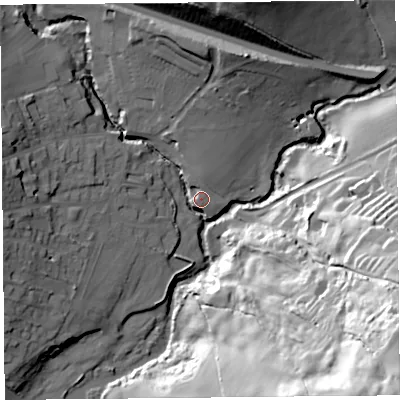 Shaded relief map of the ground around DT66QZ, computed from Environment Agency LiDAR. The ground here sits at about 8 m above sea level and falls 72 m across the surrounding 800 m. Surface water reaching this point runs off ground lying to the north, 17.1 m higher.