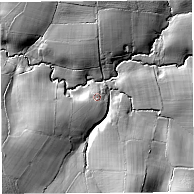 Shaded relief map of the ground around DT66RN, computed from Environment Agency LiDAR. The ground here sits at about 40 m above sea level and falls 30 m across the surrounding 800 m. Surface water reaching this point runs off ground lying to the south-west, 11.3 m higher.