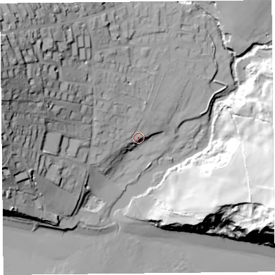 Shaded relief map of the ground around DT66RR, computed from Environment Agency LiDAR. The ground here sits at about 9 m above sea level and falls 54 m across the surrounding 800 m. Surface water reaching this point runs off ground lying to the north-west, 8.4 m higher.
