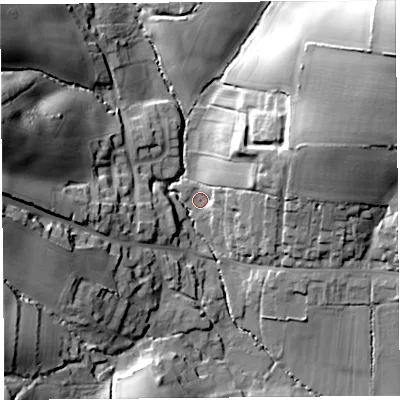 Shaded relief map of the ground around DT66SB, computed from Environment Agency LiDAR. The ground here sits at about 21 m above sea level and falls 52 m across the surrounding 800 m. Surface water reaching this point runs off ground lying to the east, 9.8 m higher.