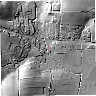 Shaded relief map of the ground around DT66SG, computed from Environment Agency LiDAR. The ground here sits at about 20 m above sea level and falls 46 m across the surrounding 800 m. Surface water reaching this point runs off ground lying to the north-west, 32.1 m higher.