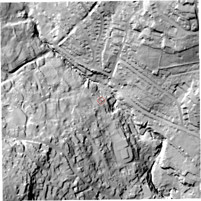 Shaded relief map of the ground around DT73AD, computed from Environment Agency LiDAR. The ground here sits at about 25 m above sea level and falls 94 m across the surrounding 800 m. Surface water reaching this point runs off ground lying to the south-west, 42.6 m higher.