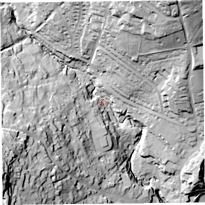 Shaded relief map of the ground around DT73AH, computed from Environment Agency LiDAR. The ground here sits at about 16 m above sea level and falls 88 m across the surrounding 800 m. Surface water reaching this point runs off ground lying to the west-south-west, 58.0 m higher.