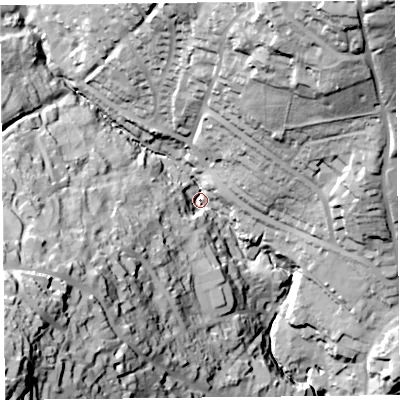 Shaded relief map of the ground around DT73AJ, computed from Environment Agency LiDAR. The ground here sits at about 16 m above sea level and falls 87 m across the surrounding 800 m. Surface water reaching this point runs off ground lying to the north-north-east, 63.3 m higher.