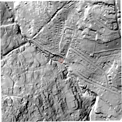 Shaded relief map of the ground around DT73AN, computed from Environment Agency LiDAR. The ground here sits at about 19 m above sea level and falls 92 m across the surrounding 800 m. Surface water reaching this point runs off ground lying to the north-east, 78.3 m higher.
