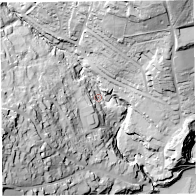 Shaded relief map of the ground around DT73AQ, computed from Environment Agency LiDAR. The ground here sits at about 15 m above sea level and falls 79 m across the surrounding 800 m. Surface water reaching this point runs off ground lying to the west, 53.0 m higher.