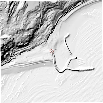 Shaded relief map of the ground around DT73JJ, computed from Environment Agency LiDAR. The ground here sits at about 5 m above sea level and falls 102 m across the surrounding 800 m. Surface water reaching this point runs off ground lying to the north-west, 58.8 m higher.