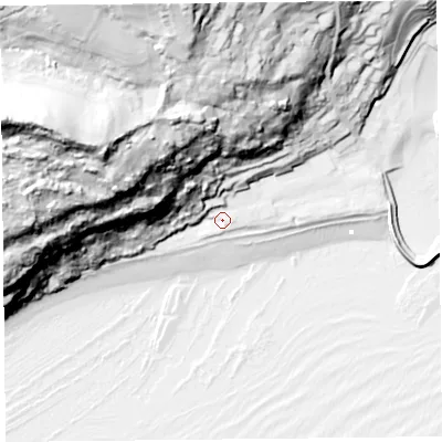 Shaded relief map of the ground around DT73LE, computed from Environment Agency LiDAR. The ground here sits at about 6 m above sea level and falls 110 m across the surrounding 800 m. Surface water reaching this point runs off ground lying to the west-north-west, 81.7 m higher.