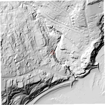 Shaded relief map of the ground around DT73PD, computed from Environment Agency LiDAR. The ground here sits at about 14 m above sea level and falls 71 m across the surrounding 800 m. Surface water reaching this point runs off ground lying to the west, 62.1 m higher.