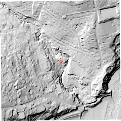 Shaded relief map of the ground around DT73PH, computed from Environment Agency LiDAR. The ground here sits at about 16 m above sea level and falls 70 m across the surrounding 800 m. Surface water reaching this point runs off ground lying to the west, 2.5 m higher.