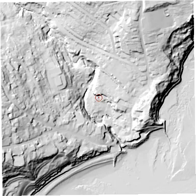 Shaded relief map of the ground around DT73PP, computed from Environment Agency LiDAR. The ground here sits at about 12 m above sea level and falls 63 m across the surrounding 800 m. Surface water reaching this point runs off ground lying to the north-north-east, 34.8 m higher.