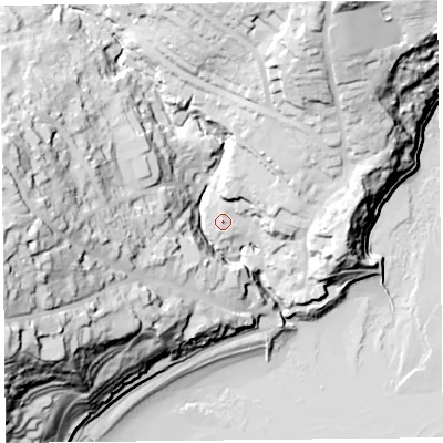 Shaded relief map of the ground around DT73PR, computed from Environment Agency LiDAR. The ground here sits at about 10 m above sea level and falls 65 m across the surrounding 800 m. Surface water reaching this point runs off ground lying to the north-north-east, 35.4 m higher.