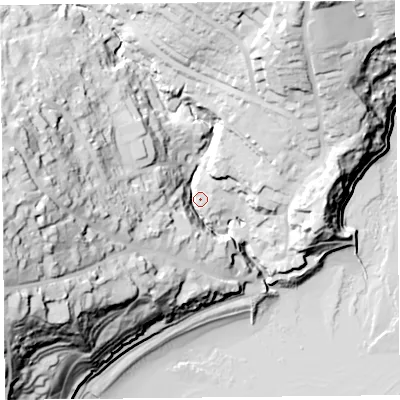 Shaded relief map of the ground around DT73PS, computed from Environment Agency LiDAR. The ground here sits at about 10 m above sea level and falls 67 m across the surrounding 800 m. Surface water reaching this point runs off ground lying to the west, 57.2 m higher.