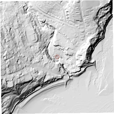 Shaded relief map of the ground around DT73PU, computed from Environment Agency LiDAR. The ground here sits at about 7 m above sea level and falls 62 m across the surrounding 800 m. Surface water reaching this point runs off ground lying to the west, 55.3 m higher.