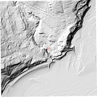 Shaded relief map of the ground around DT73PY, computed from Environment Agency LiDAR. The ground here sits at about 7 m above sea level and falls 56 m across the surrounding 800 m. Surface water reaching this point runs off ground lying to the west-north-west, 49.5 m higher.
