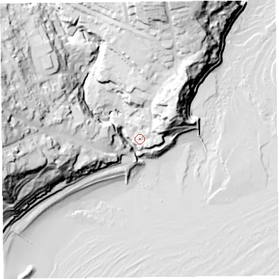 Shaded relief map of the ground around DT73QA, computed from Environment Agency LiDAR. The ground here sits at about 7 m above sea level and falls 50 m across the surrounding 800 m. Surface water reaching this point runs off ground lying to the north-east, 17.2 m higher.