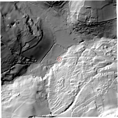 Shaded relief map of the ground around DT73SE, computed from Environment Agency LiDAR. The ground here sits at about 53 m above sea level and falls 101 m across the surrounding 800 m. Surface water reaching this point runs off ground lying to the south-east, 78.2 m higher.