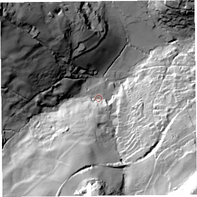 Shaded relief map of the ground around DT73SF, computed from Environment Agency LiDAR. The ground here sits at about 58 m above sea level and falls 101 m across the surrounding 800 m. Surface water reaching this point runs off ground lying to the south, 28.2 m higher.