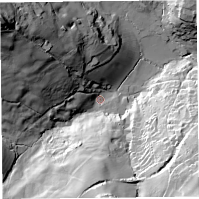Shaded relief map of the ground around DT73SG, computed from Environment Agency LiDAR. The ground here sits at about 56 m above sea level and falls 84 m across the surrounding 800 m. Surface water reaching this point runs off ground lying to the north-west, 73.8 m higher.