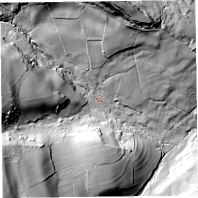 Shaded relief map of the ground around DT73SN, computed from Environment Agency LiDAR. The ground here sits at about 81 m above sea level and falls 92 m across the surrounding 800 m. Surface water reaching this point runs off ground lying to the north, 70.2 m higher.